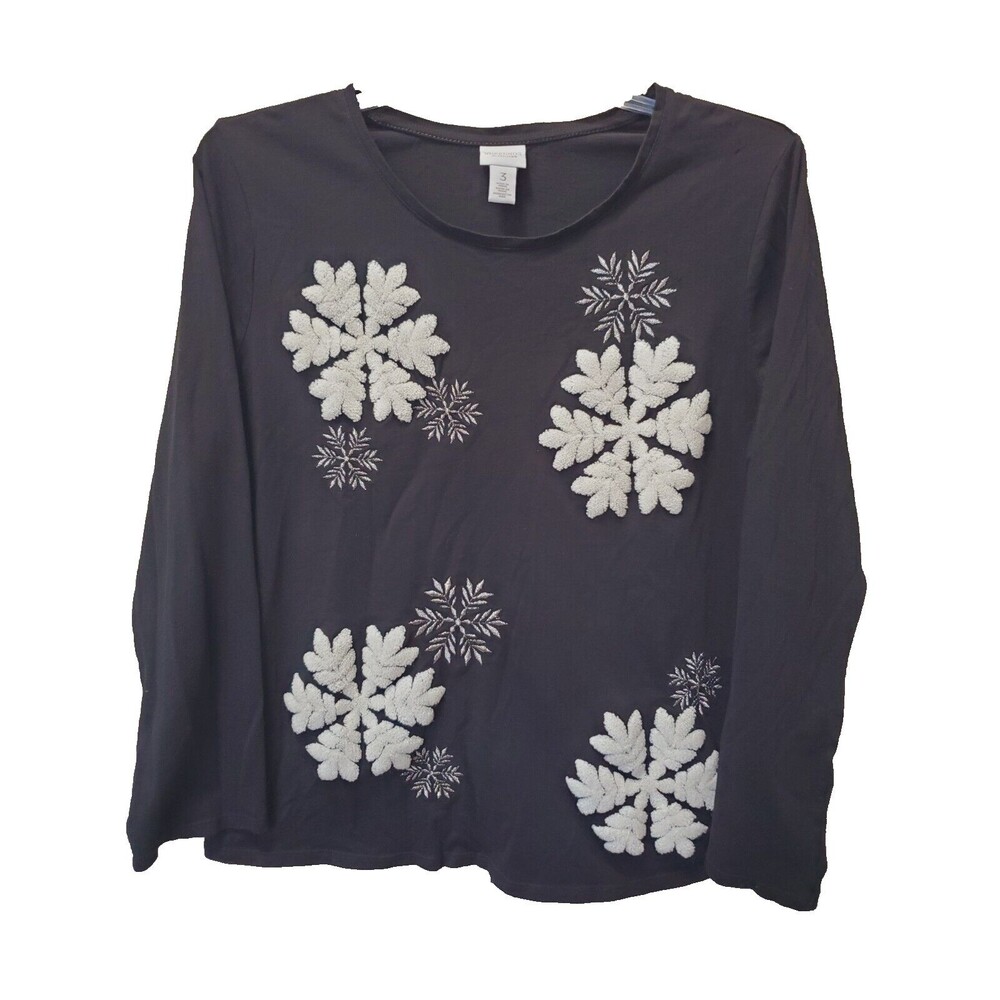 Weekends by Chico's Snowflake Scoop Neck Long Sleeve T-Shirt Size 3 (XL)